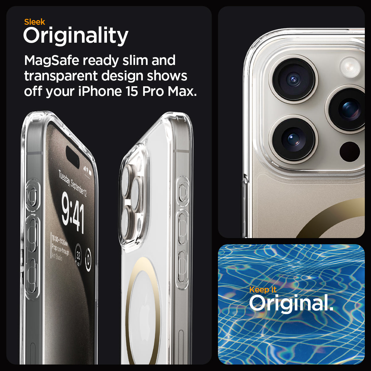 ACS06579 - iPhone 15 Pro Max Case Ultra Hybrid (MagFit) in gold sleek originality. Magsafe ready slim and transparent design shows off your iPhone 15 pro max. keep it original.