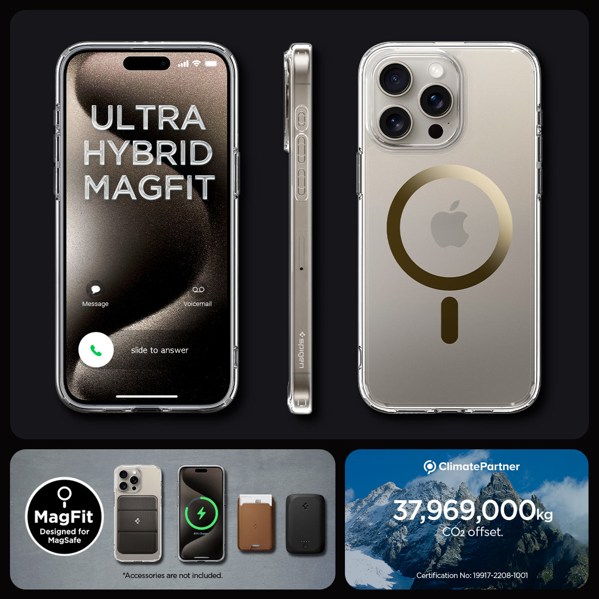 ACS06579 - iPhone 15 Pro Max Case Ultra Hybrid (MagFit) in gold ultra hybrid magfit. magfit designed for magsafe. 37,969,000kg CO2 offset.