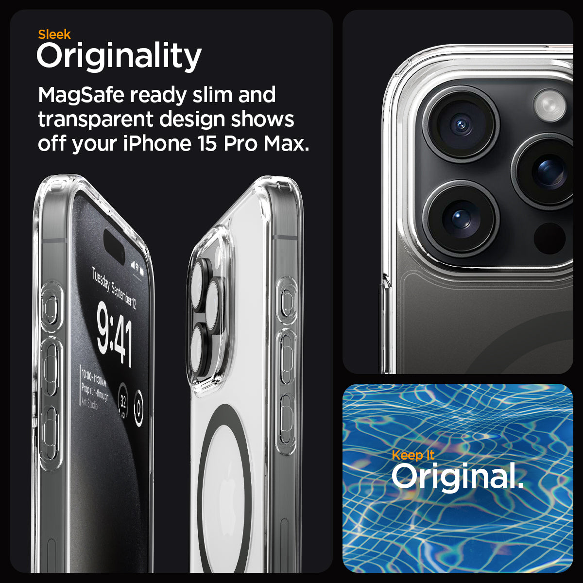 ACS06577 - iPhone 15 Pro Max Case Ultra Hybrid (MagFit) in graphite sleek originality. Magsafe ready slim and transparent design shows off your iPhone 15 pro max. keep it original.