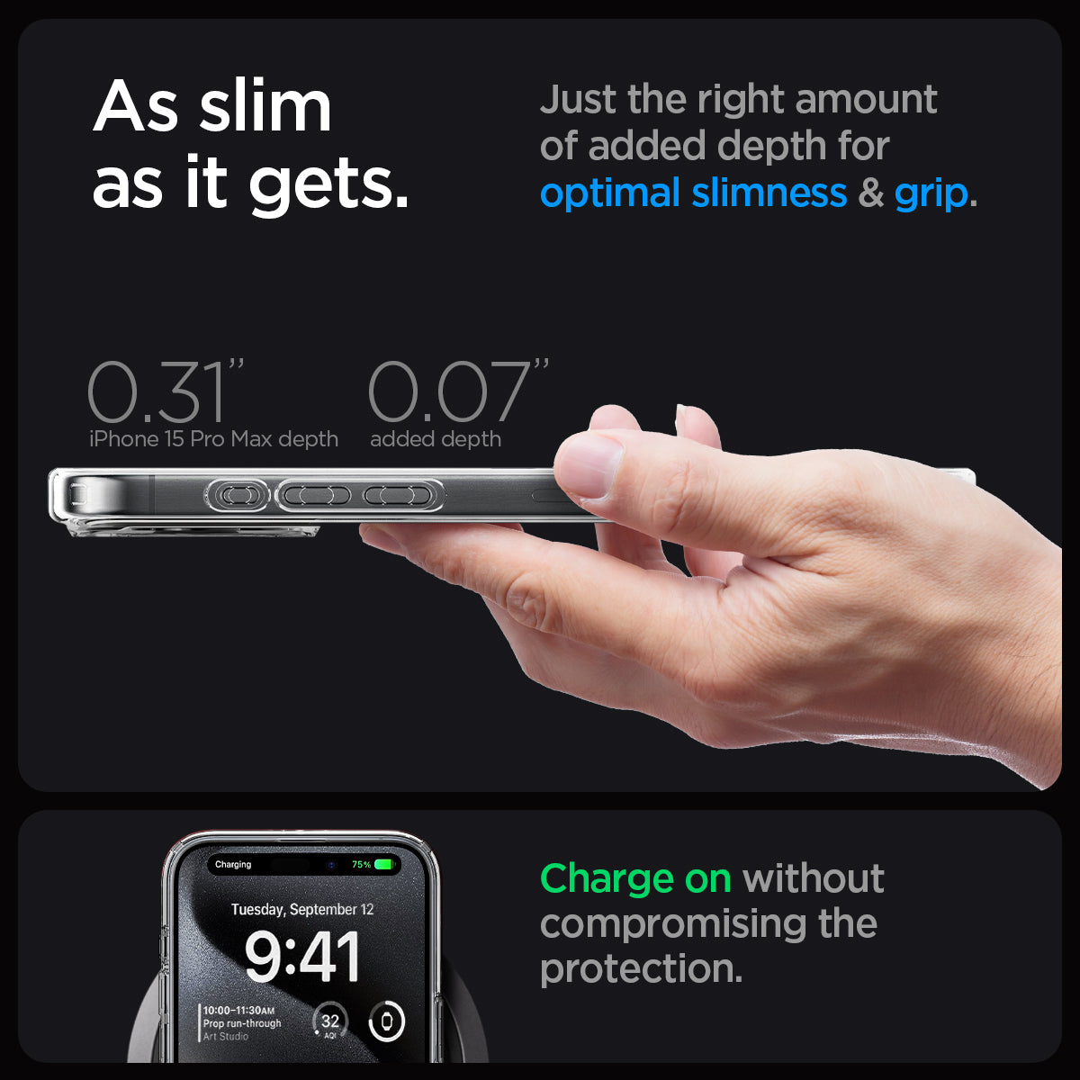 ACS06577 - iPhone 15 Pro Max Case Ultra Hybrid (MagFit) in graphite as slim as it gets. just the right amount of added depth for optimal slimness and grip. charge on without compromising the protection.