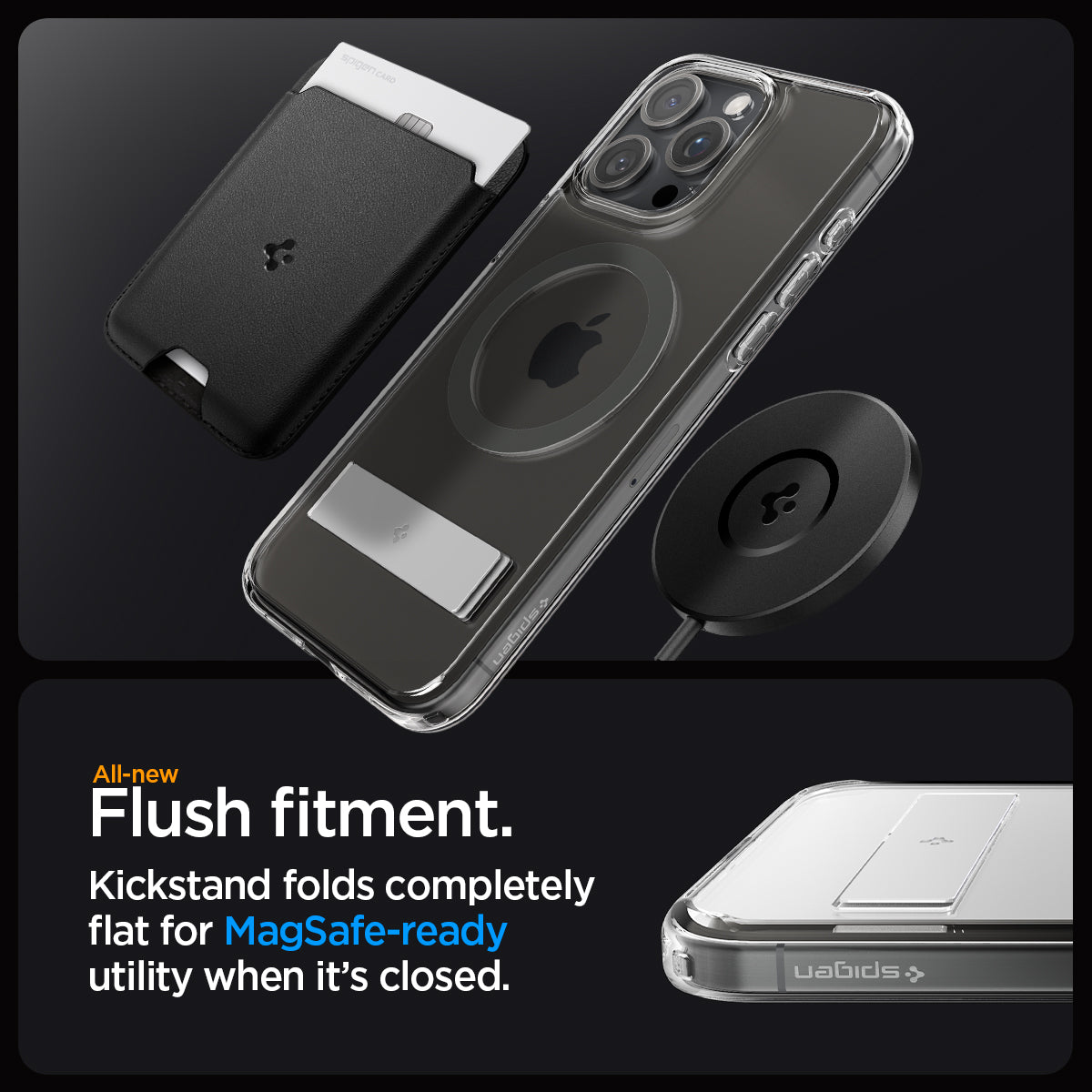 ACS06584 - iPhone 15 Pro Max Case Ultra Hybrid S (MagFit) in graphite showing the all-new flush fitment. Kickstand folds completely flat for MagSafe-ready utility when it's closed