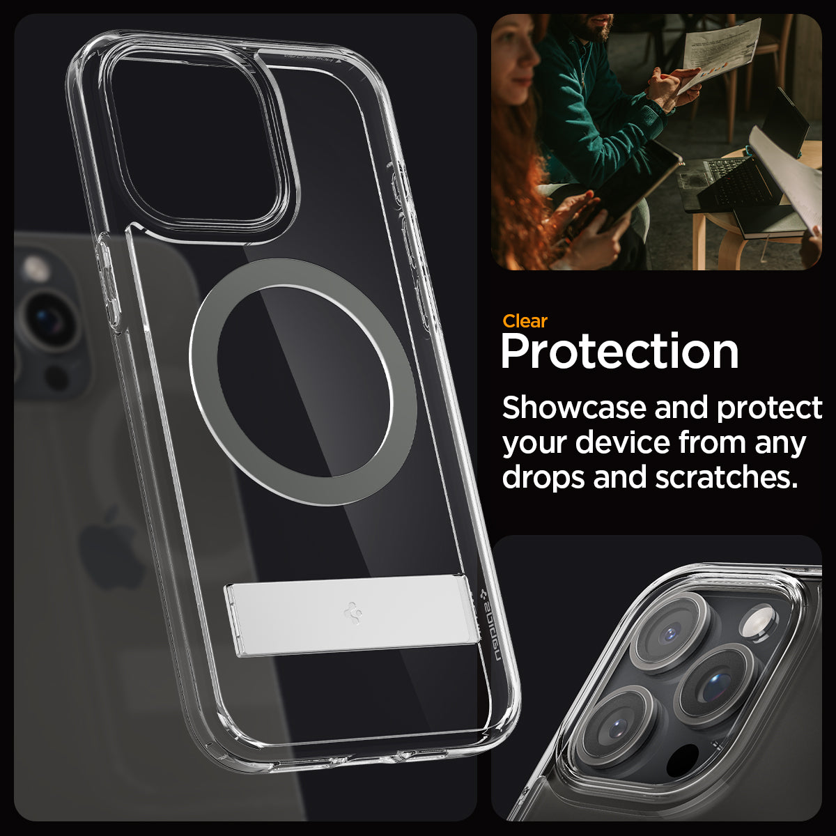 ACS06584 - iPhone 15 Pro Max Case Ultra Hybrid S (MagFit) in graphite showing the clear protection. Showcase and protect your device from any drops and scratches