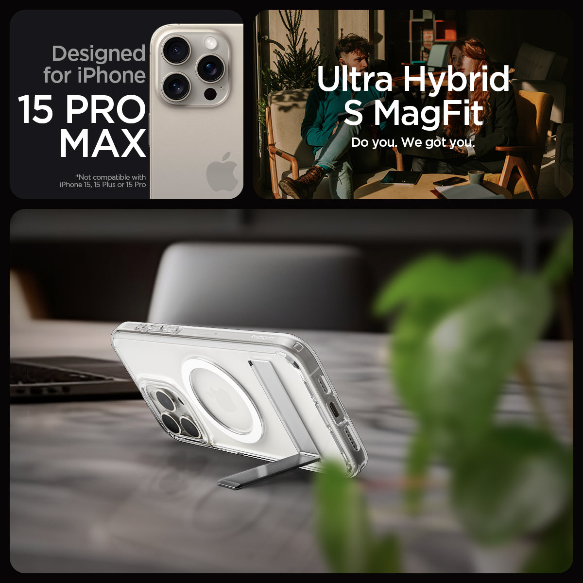 ACS06583 - iPhone 15 Pro Max Case Ultra Hybrid S (MagFit) in crystal clear showing the compatibility only with iPhone 15 Pro Max. Not compatible with iPhone 15 | 15 Plus | 15 Pro