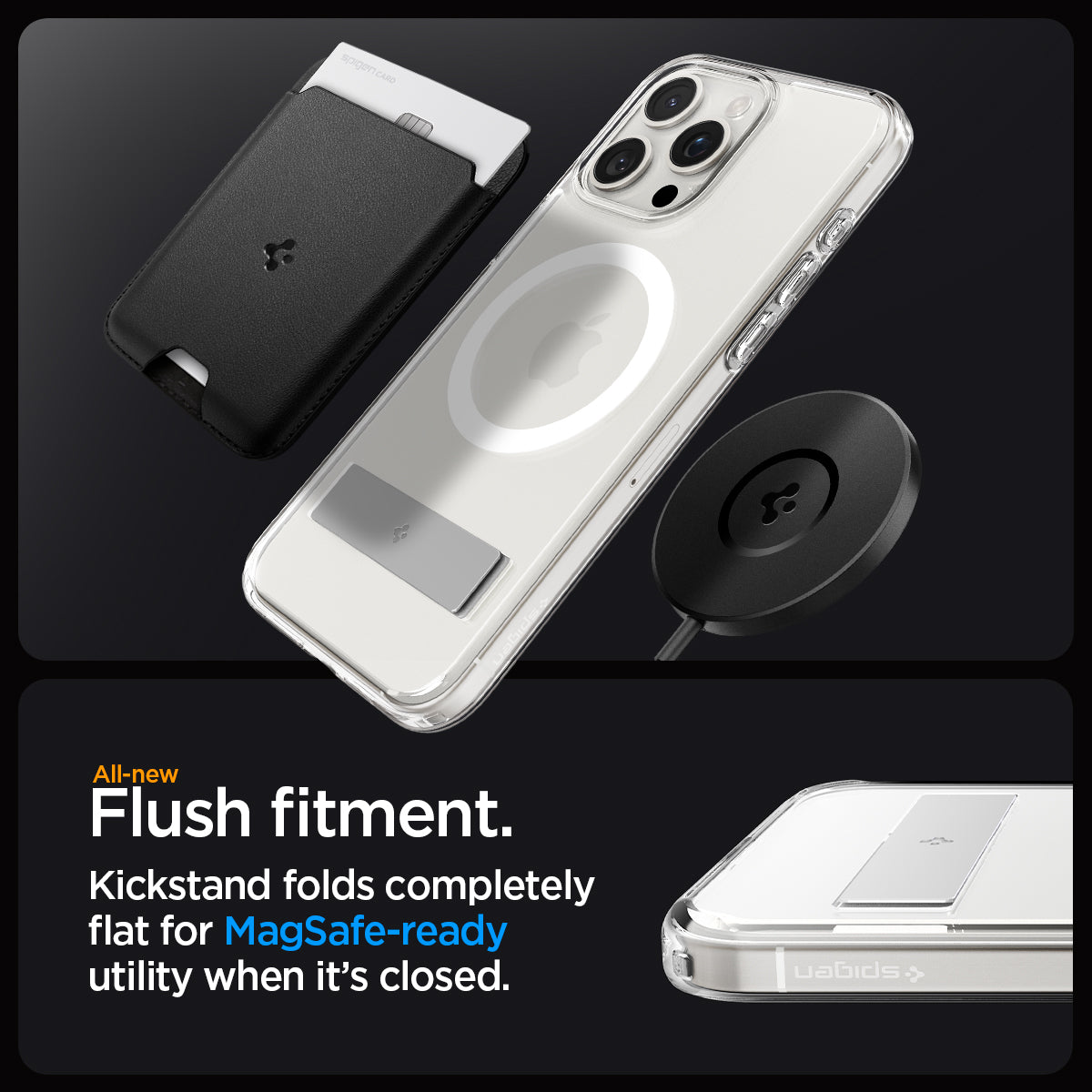 ACS06583 - iPhone 15 Pro Max Case Ultra Hybrid S (MagFit) in crystal clear showing the all-new flush fitment. Kickstand folds completely flat for MagSafe-ready utility when it's closed