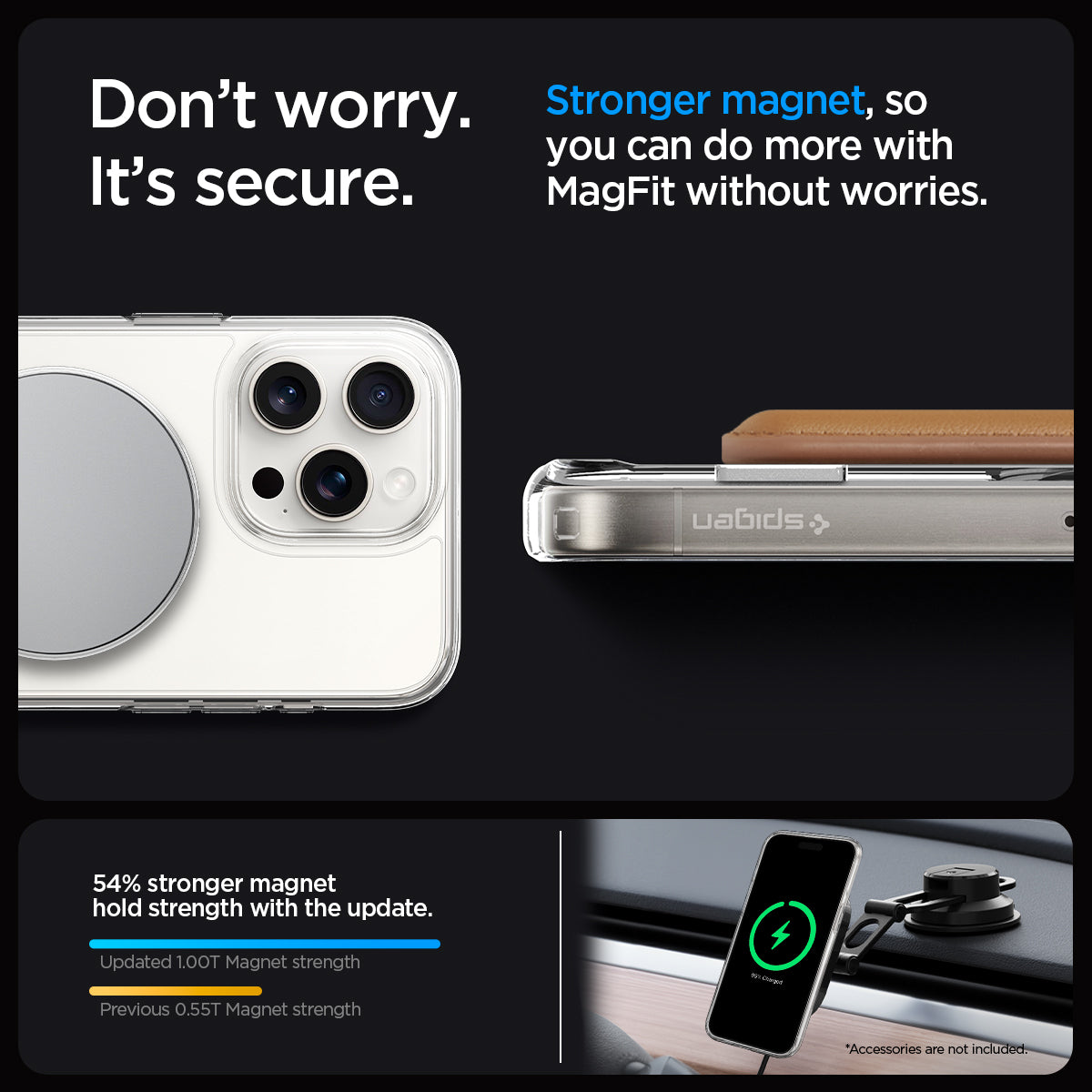 ACS06583 - iPhone 15 Pro Max Case Ultra Hybrid S (MagFit) in crystal clear showing the stronger magnet, so you can do more with MagFit without worries. 54% stronger magnet hold strength with the update. Updated 100T Magnet strength, Previous 0.5T Magnet strength