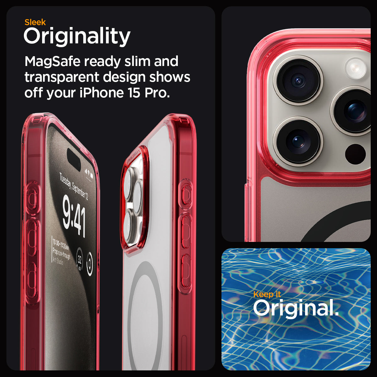 ACS07057 - iPhone 15 Pro Case Ultra Hybrid (MagFit) in frost deep red sleek originality. Magsafe ready slim and transparent design shows off your iPhone 15 pro. keep it original.