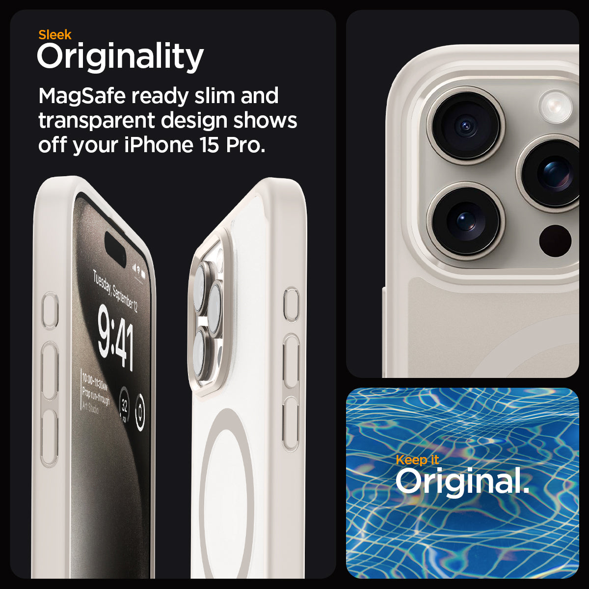 ACS07215 - iPhone 15 Pro Case Ultra Hybrid (MagFit) in Frost Natural Titanium sleek originality. Magsafe ready slim and transparent design shows off your iPhone 15 pro. keep it original.
