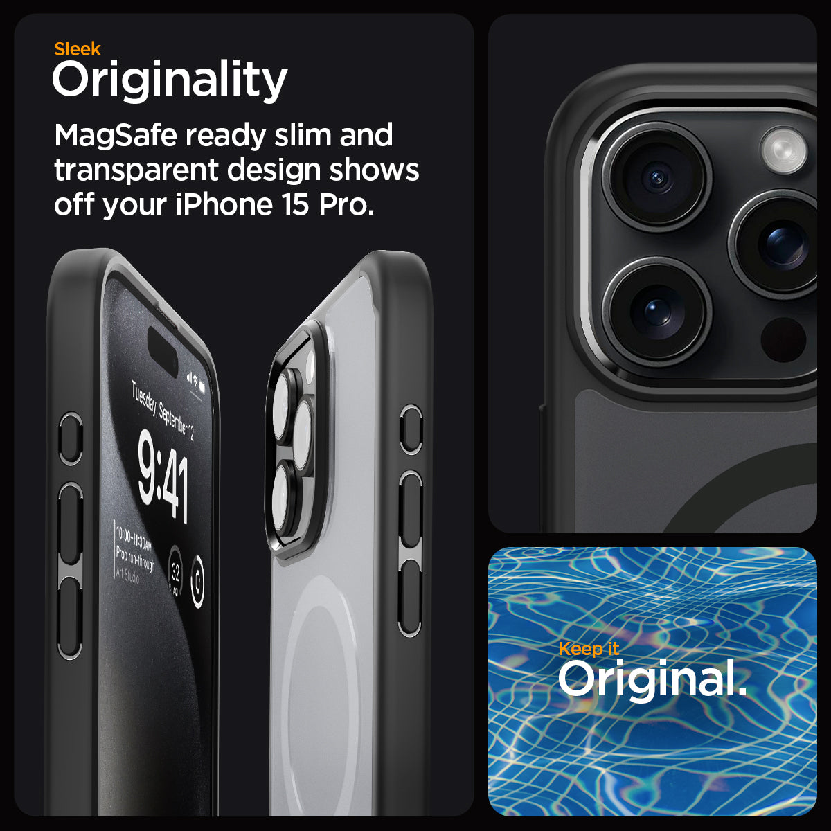 ACS06720 - iPhone 15 Pro Case Ultra Hybrid (MagFit) in frost black sleek originality. Magsafe ready slim and transparent design shows off your iPhone 15 pro. keep it original.