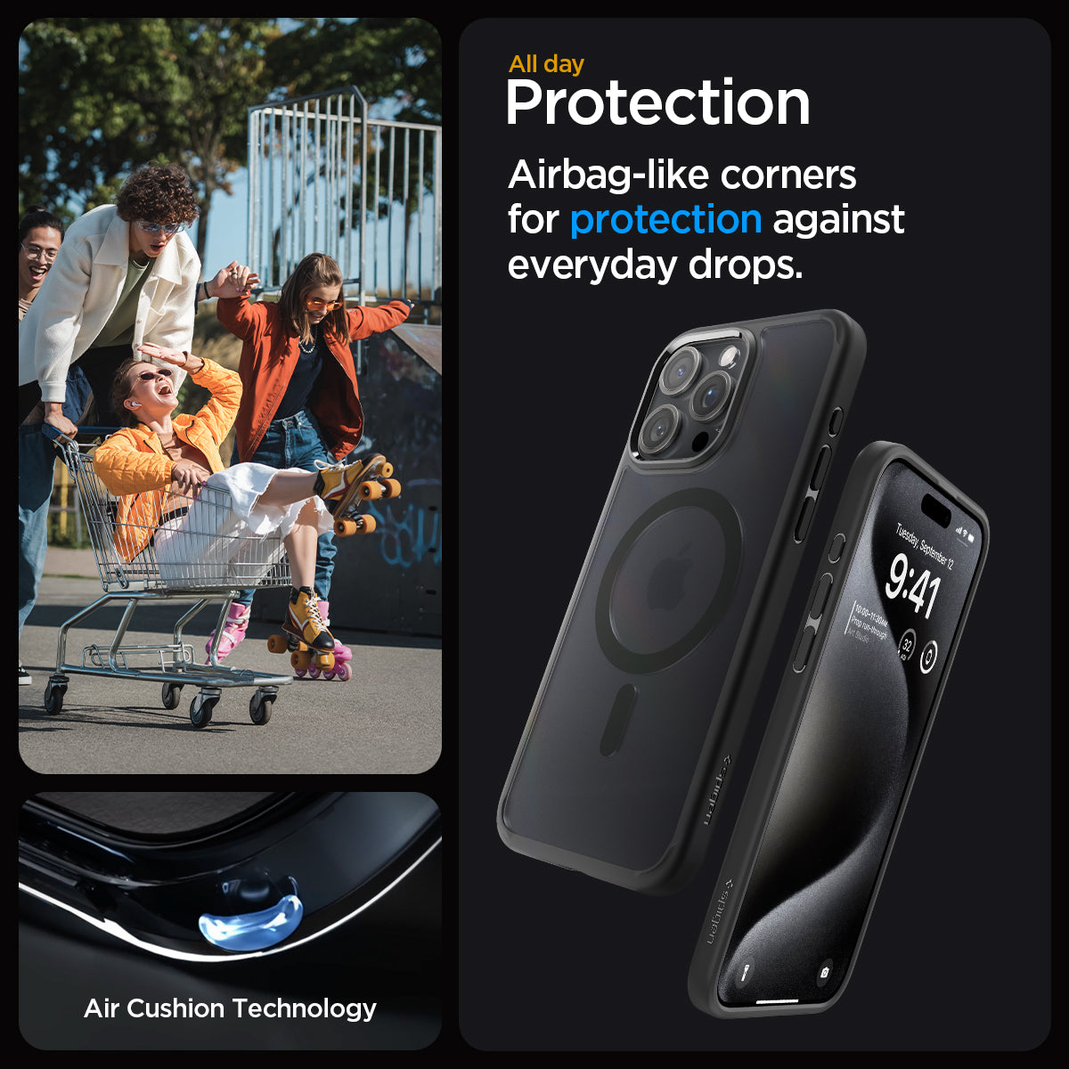 ACS06720 - iPhone 15 Pro Case Ultra Hybrid (MagFit) in frost black all day protection. Airbag like corners for protection against everyday drops. air cushion technology.