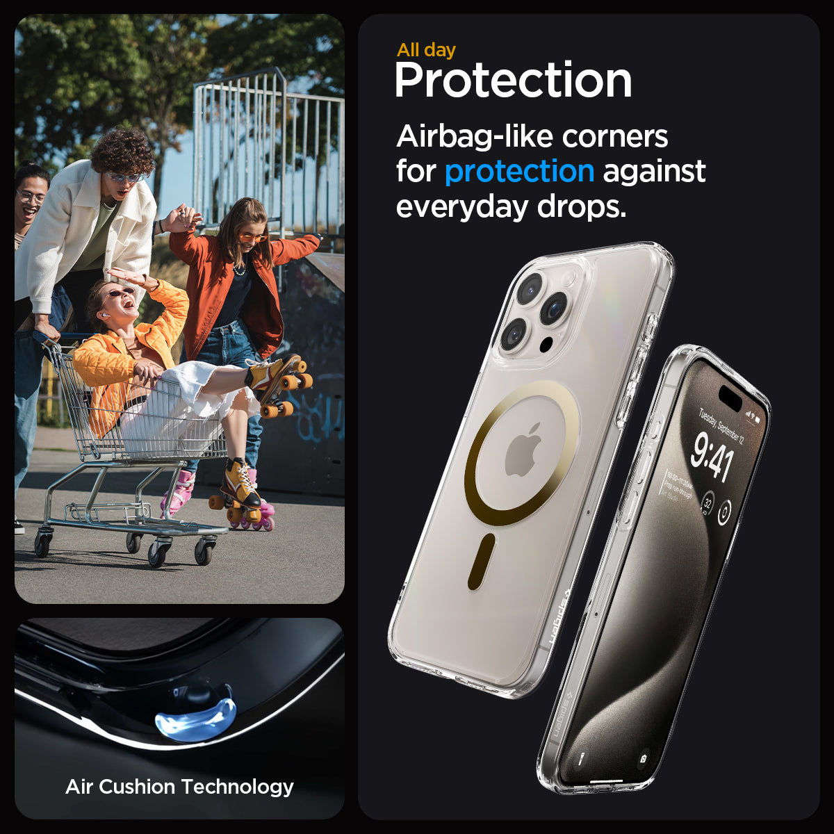 ACS06718 - iPhone 15 Pro Case Ultra Hybrid (MagFit) in gold all day protection. Airbag like corners for protection against everyday drops. air cushion technology.