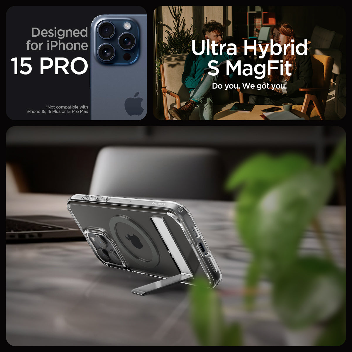 ACS06723 - iPhone 15 Pro Case Ultra Hybrid S (MagFit) in graphite showing the compatibility only with iPhone 15 Pro. Not compatible with iPhone 15 | 15 Plus | 15 Pro Max