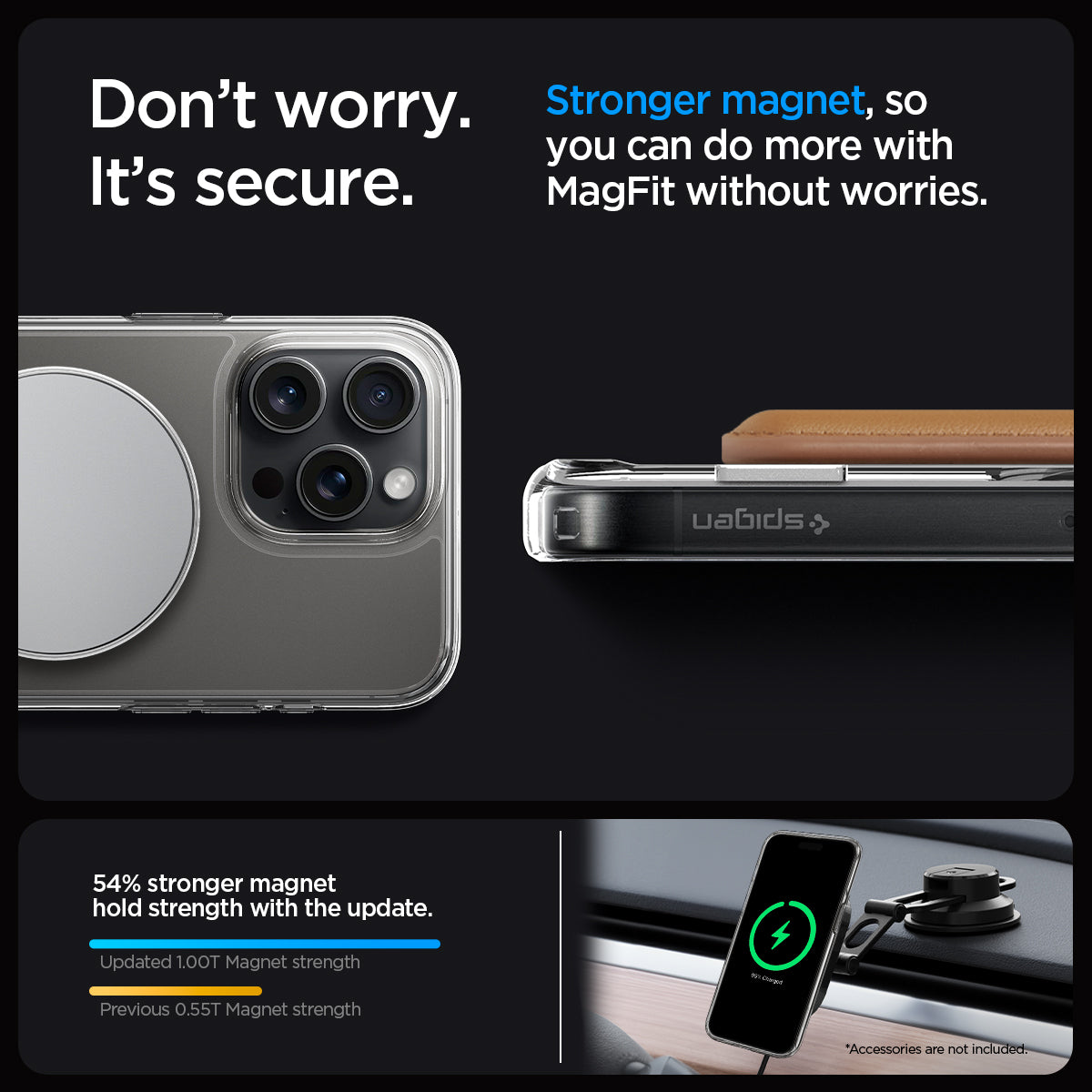 ACS06723 - iPhone 15 Pro Case Ultra Hybrid S (MagFit) in graphite showing the stronger magnet, so you can do more with MagFit without worries. 54% stronger magnet hold strength with the update. Updated 100T Magnet strength, Previous 0.5T Magnet strength