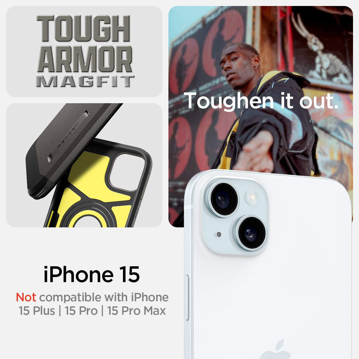 ACS06810 - iPhone 15 Case Tough Armor (MagFit) in gunmetal tough armor magfit. toughen it out. iPhone 15. Not compatible with iPhone 15 plus, 15 pro, 15 pro max.
