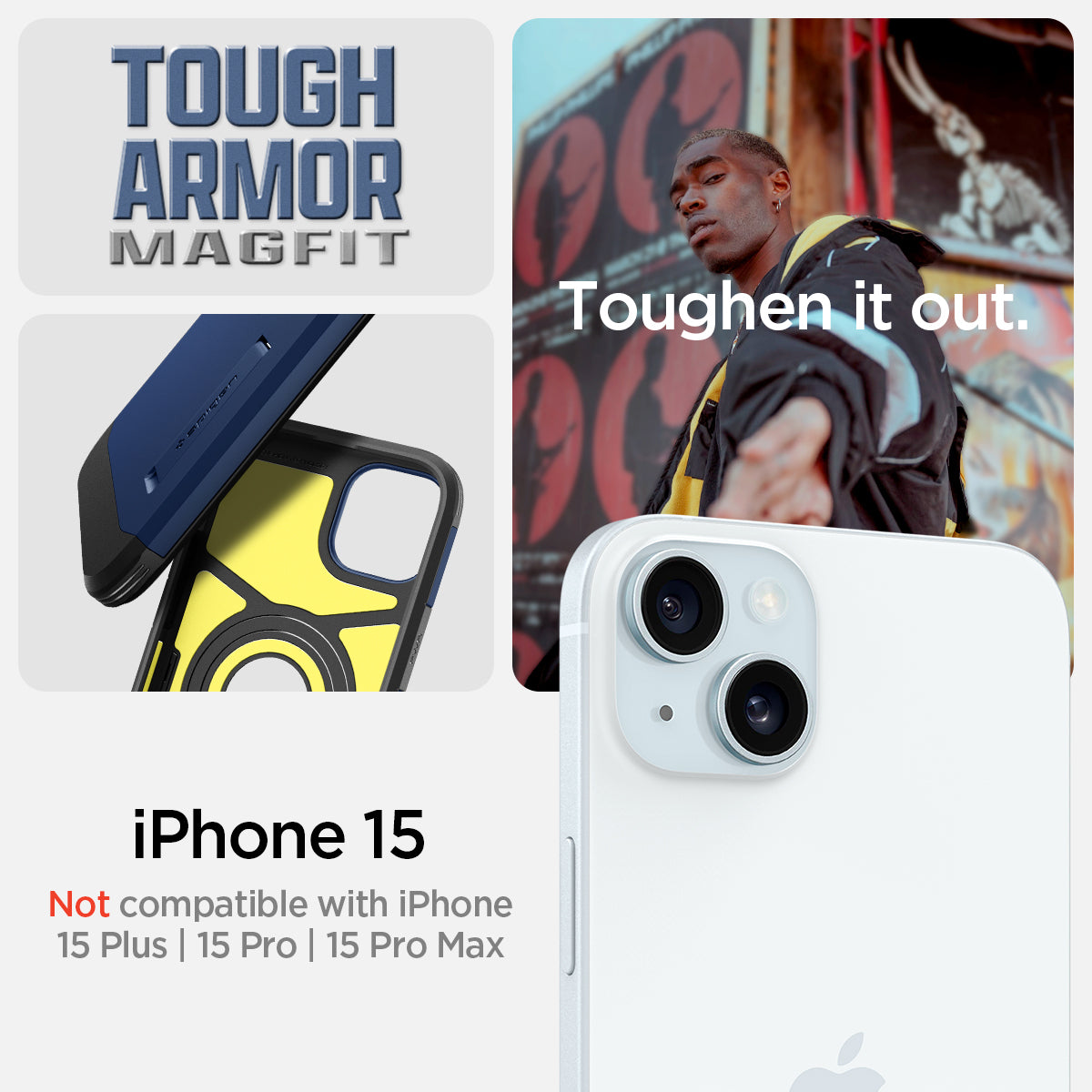 ACS06812 - iPhone 15 Case Tough Armor (MagFit) in navy blue tough armor magfit. toughen it out. iPhone 15. Not compatible with iPhone 15 plus, 15 pro, 15 pro max.