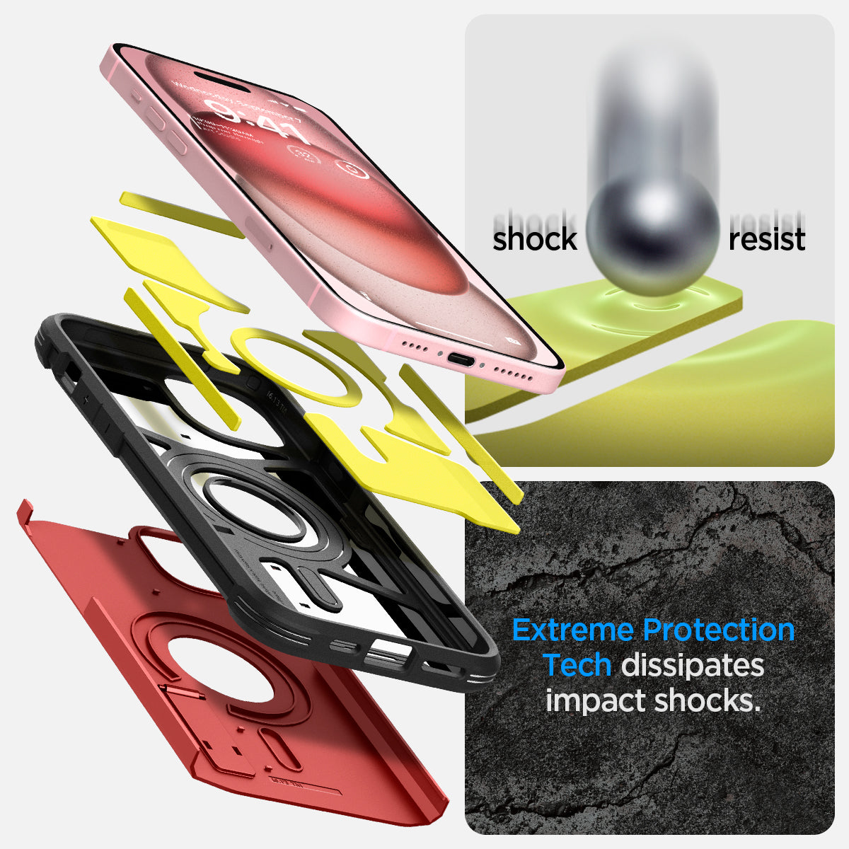 ACS06814 - iPhone 15 Case Tough Armor (MagFit) in red shock resist. extreme protection tech dissipates impact shocks.