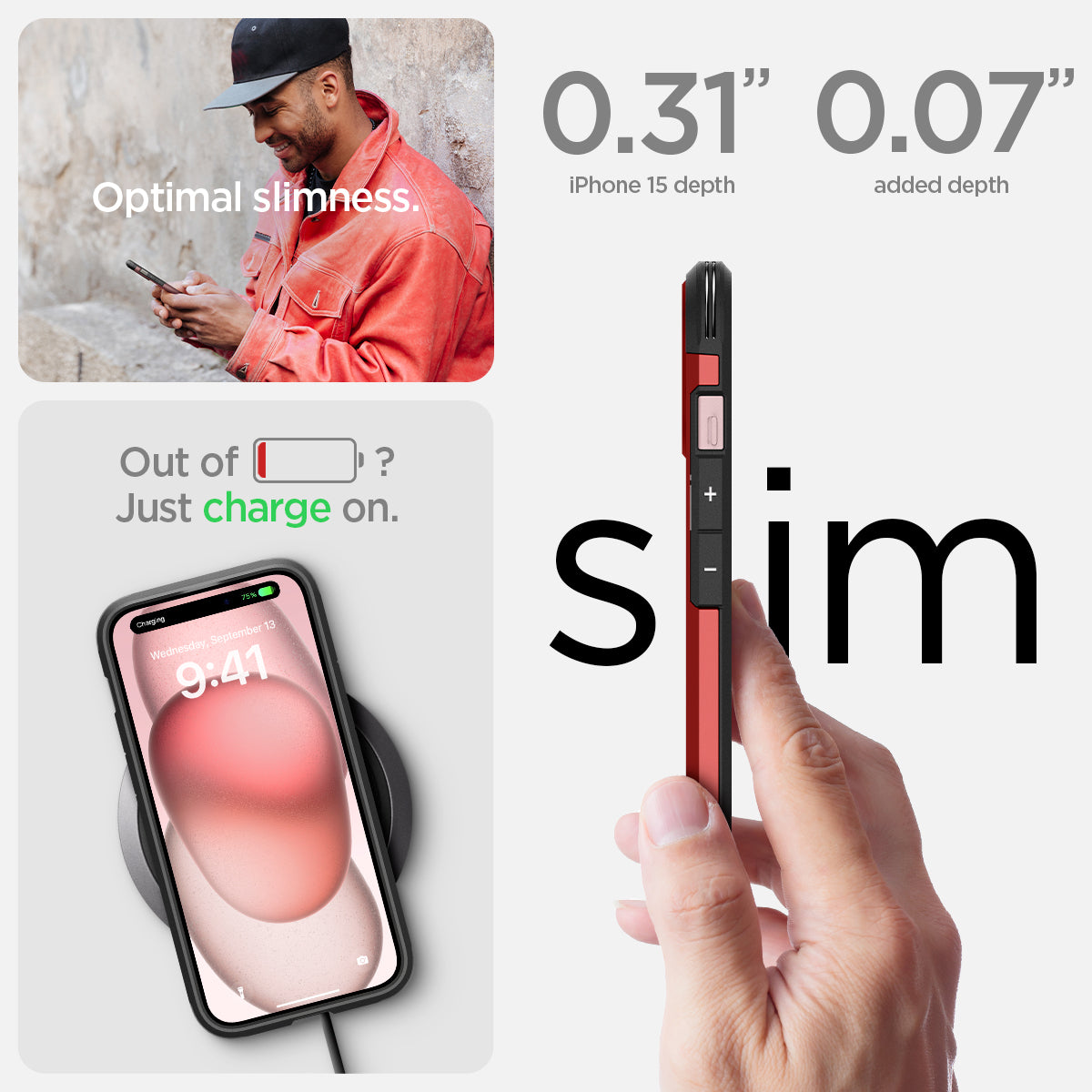 ACS06814 - iPhone 15 Case Tough Armor (MagFit) in red optimal slimess. out of battery? just charge on. 0.31" iPhone 16 plus depth, 0.07" added depth. slim.