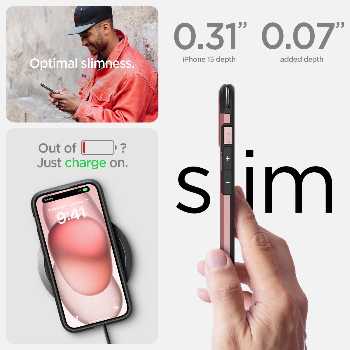 ACS06813 - iPhone 15 Case Tough Armor (MagFit) in rose gold optimal slimess. out of battery? just charge on. 0.31" iPhone 16 plus depth, 0.07" added depth. slim.