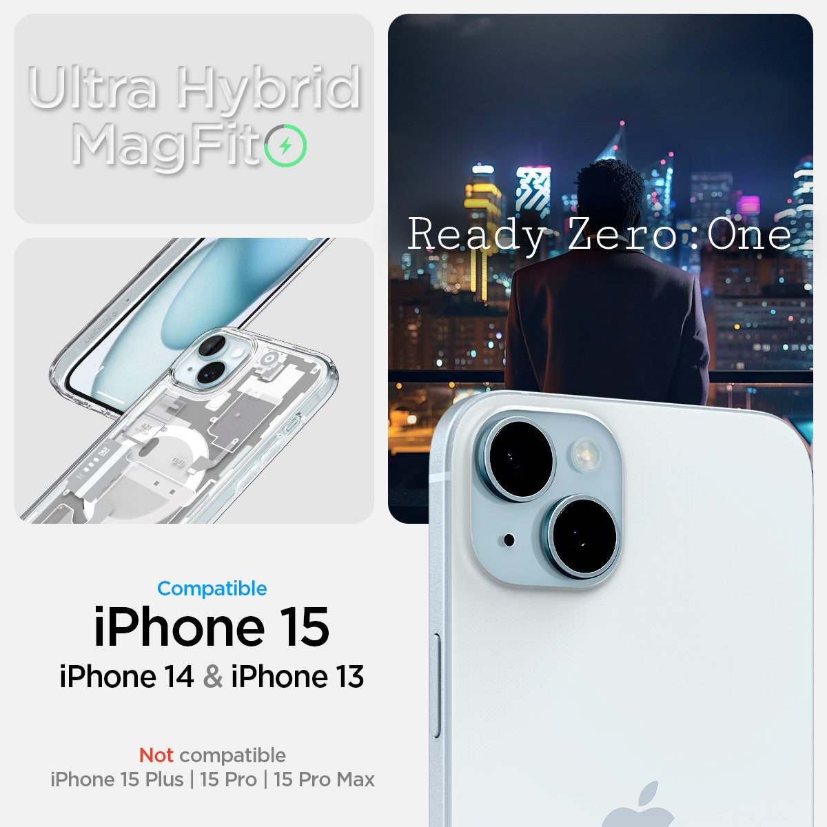 ACS07037 - iPhone 15 Case Ultra Hybrid Zero One in white ultra hybrid magfit. iPhone 15,14,13 not compatible with iPhone 15 plus, 15 pro, 15 pro max. ready zero one.