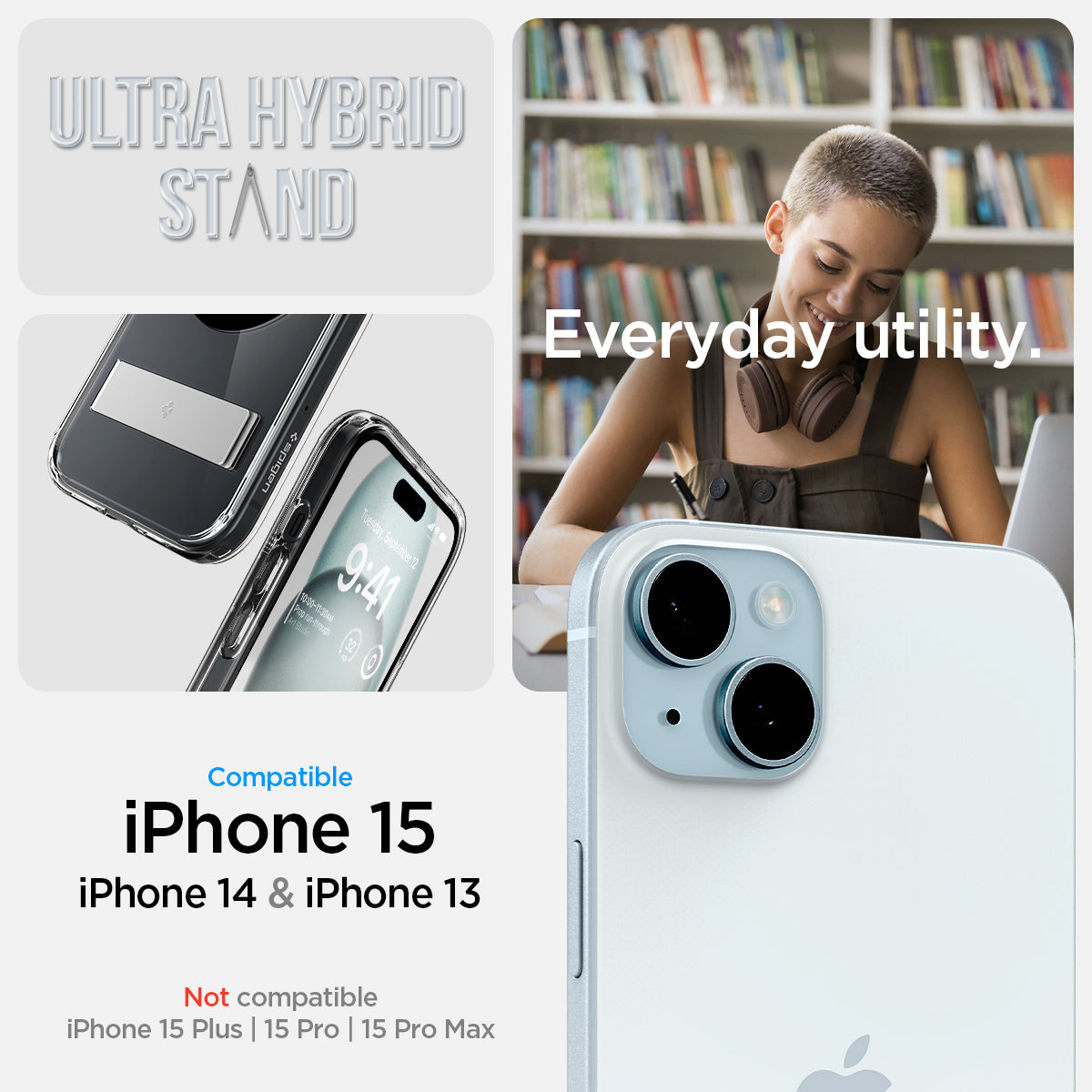 ACS06808 - iPhone 15 Case Ultra Hybrid S (MagFit) in black showing the compatibility only with iPhone 15 | 14 | 13. Not compatible with iPhone 15 Plus | 15 Pro | 15 Pro Max
