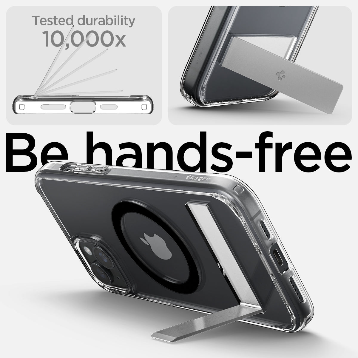 ACS06808 - iPhone 15 Case Ultra Hybrid S (MagFit) in black showing the tested durability, 10,000x with built-in kickstand for hands-free viewing