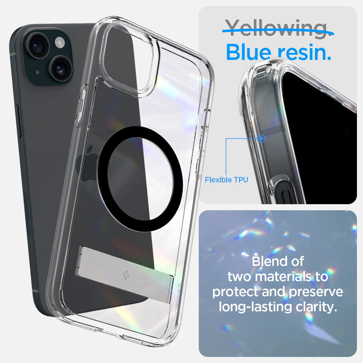 ACS06808 - iPhone 15 Case Ultra Hybrid S (MagFit) in black showing the blend of two materials to protect and preserve long-lasting clarity with flexible TPU and blue resin