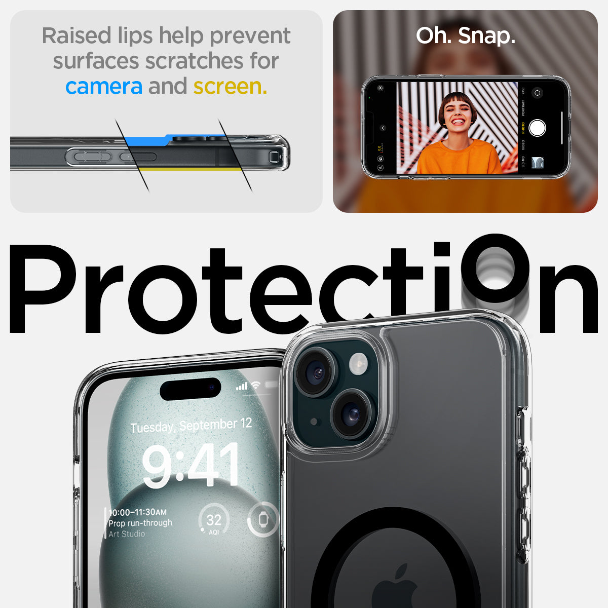 ACS06808 - iPhone 15 Case Ultra Hybrid S (MagFit) in black showing the raised lips help prevent surfaces scratches for camera and screen