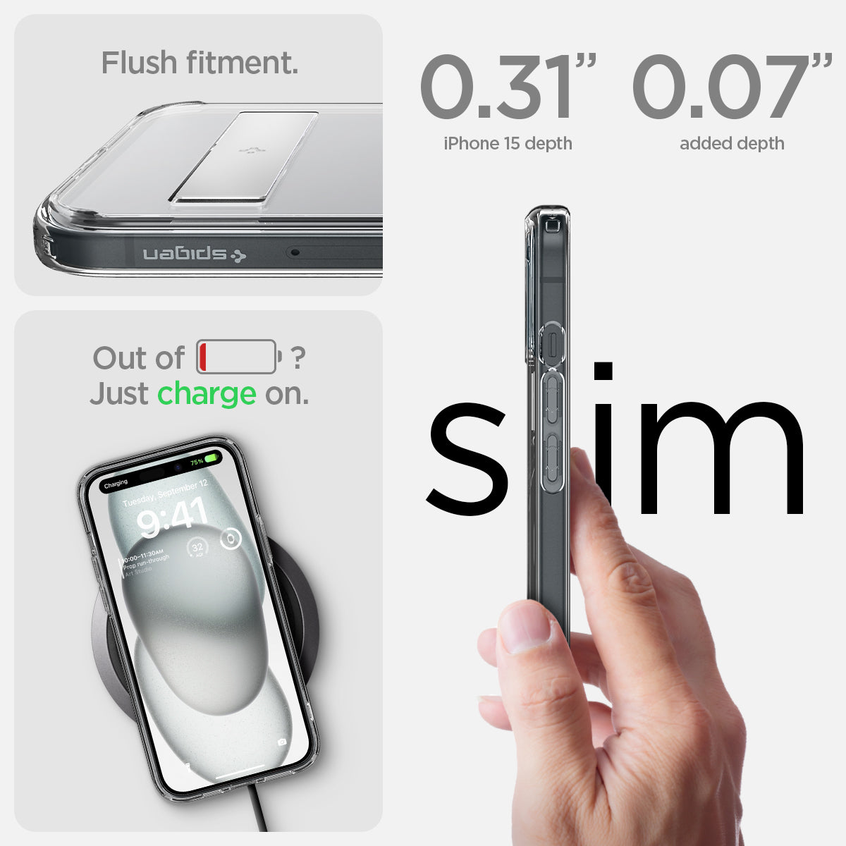 ACS06808 - iPhone 15 Case Ultra Hybrid S (MagFit) in black showing the flush fitment. 0.31" device depth | 0.07" added depth