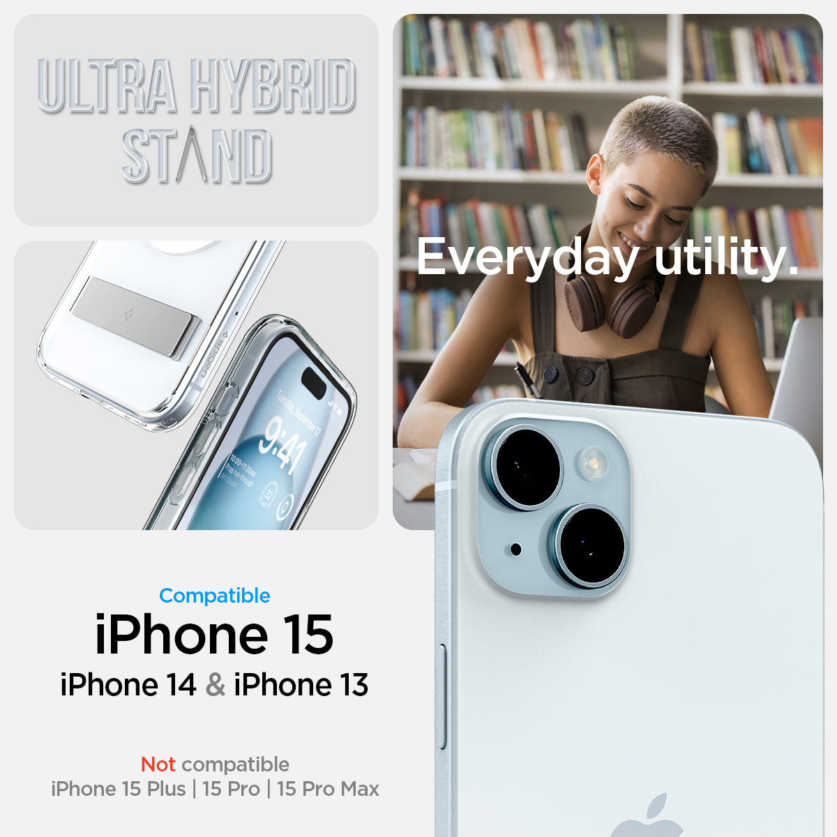 ACS06807 - iPhone 15 Case Ultra Hybrid S (MagFit) in crystal clear showing the compatibility only with iPhone 15 | 14 | 13. Not compatible with iPhone 15 Plus | 15 Pro | 15 Pro Max