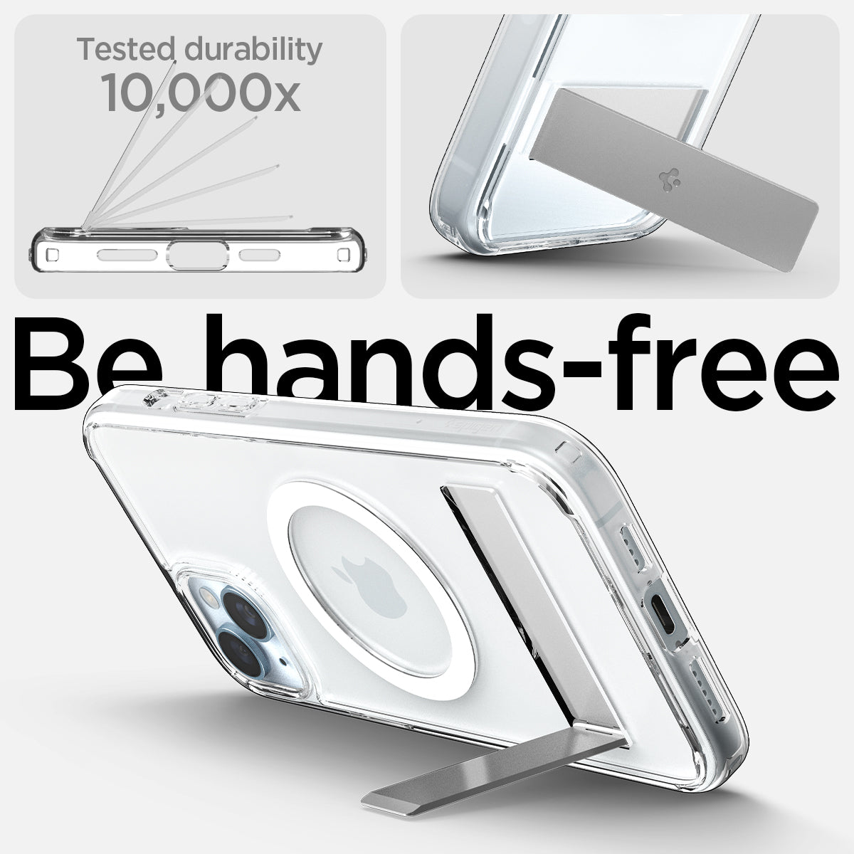 ACS06807 - iPhone 15 Case Ultra Hybrid S (MagFit) in crystal clear showing the tested durability, 10,000x with built-in kickstand for hands-free viewing