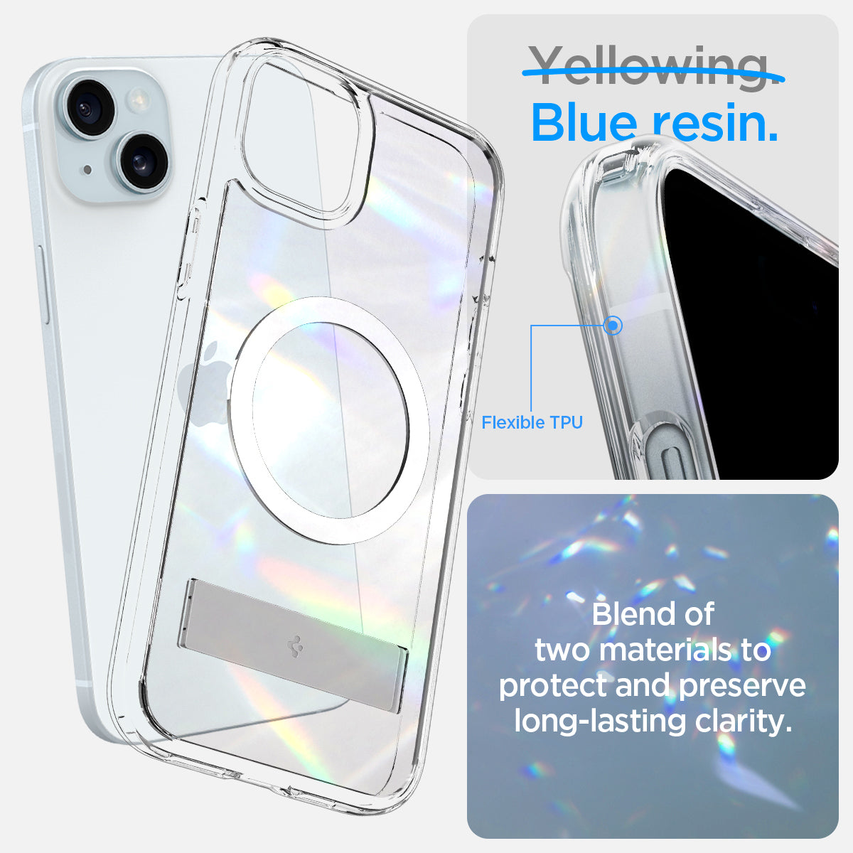 ACS06807 - iPhone 15 Case Ultra Hybrid S (MagFit) in crystal clear showing the blend of two materials to protect and preserve long-lasting clarity with flexible TPU and blue resin