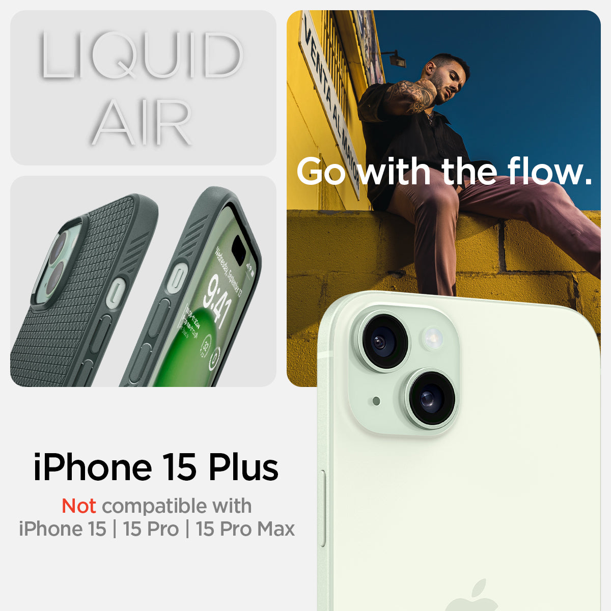 ACS06652 - iPhone 15 Plus Case Liquid Air in abyss green showing the compatibility only with iPhone 15 Plus. Not compatible with iPhone 15 | 15 Pro | 15 Pro Max