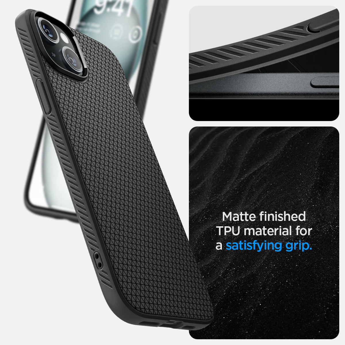 ACS06650 - iPhone 15 Plus Case Liquid Air in matte black the matte finished TPU material for a satisfying grip