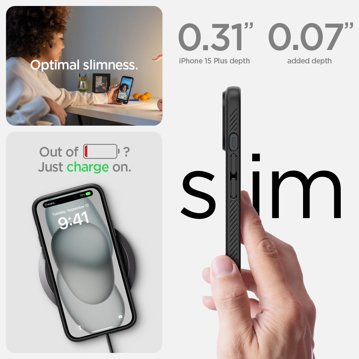 ACS06650 - iPhone 15 Plus Case Liquid Air in matte black the 0.31" iPhone 16 Plus depth. 0.06" added depth optimal slimness. out of battery? just charge on.