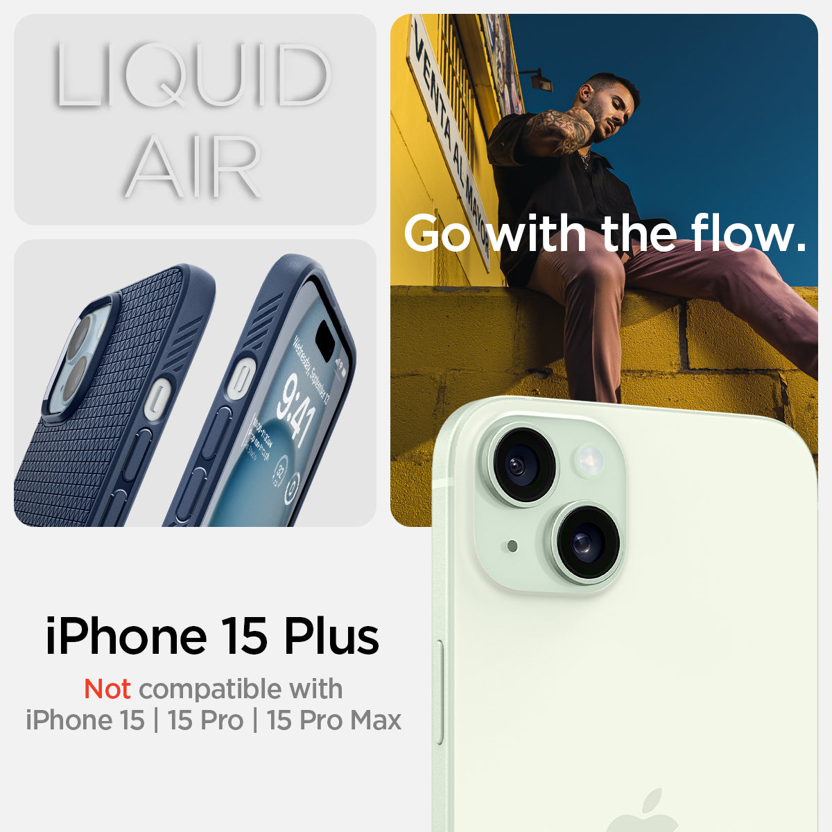 ACS06651 - iPhone 15 Plus Case Liquid Air in navy blue showing the compatibility only with iPhone 15 Plus. Not compatible with iPhone 15 | 15 Pro | 15 Pro Max