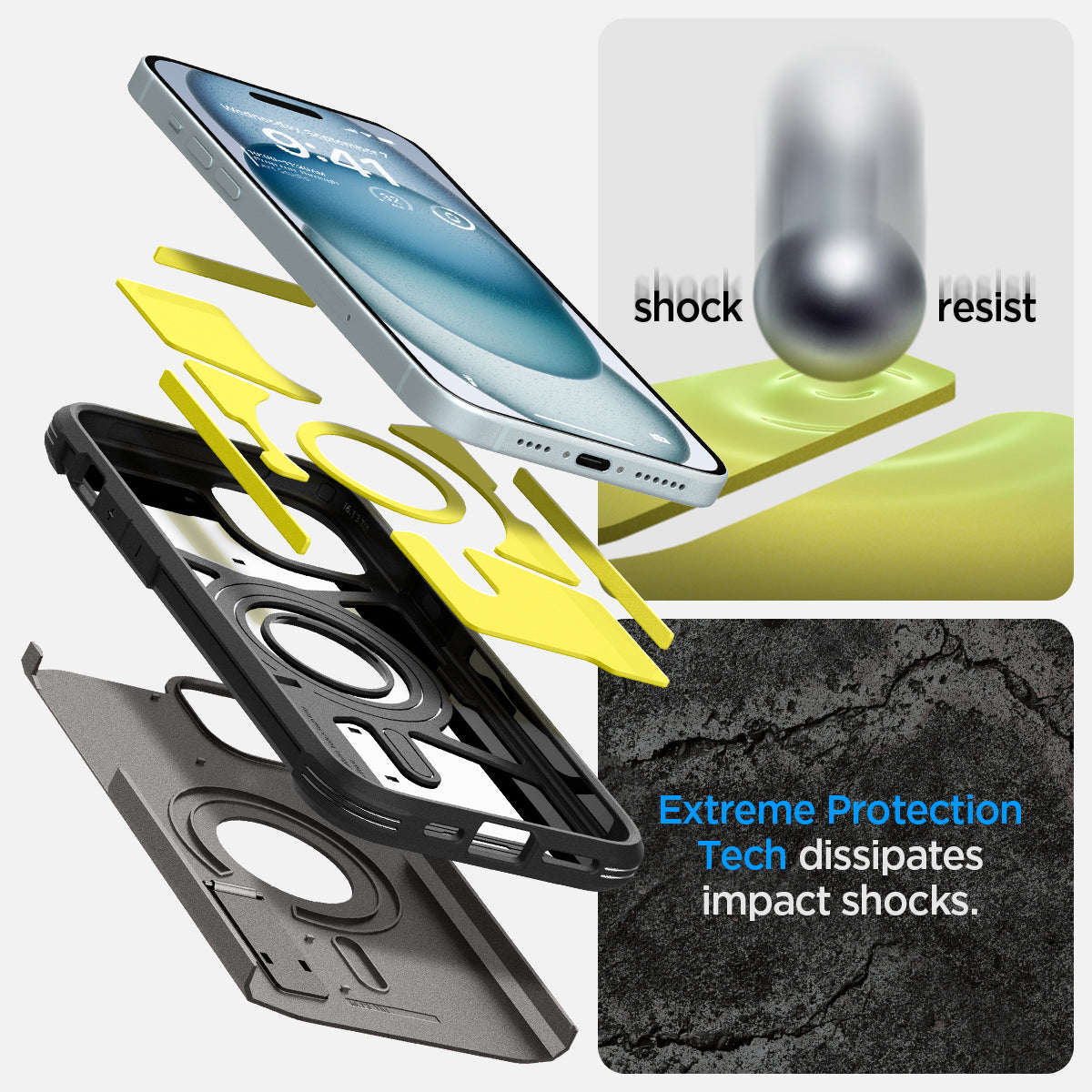 ACS06668 - iPhone 15 Plus Case Tough Armor (MagFit) in gunmetal shock resist. extreme protection tech dissipates impact shocks.