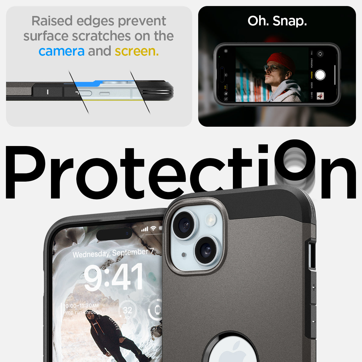ACS06668 - iPhone 15 Plus Case Tough Armor (MagFit) in gunmetal raised edges prevent surface scratches on the camera and screen. protection. oh snap.