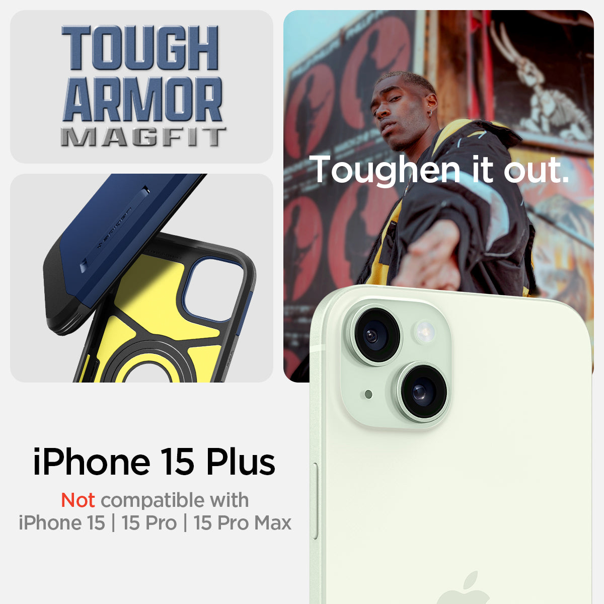 ACS06670 - iPhone 15 Plus Case Tough Armor (MagFit) in navy blue tough armor magfit. toughen it out. iPhone 15 plus. Not compatible with iPhone 15, 15 pro, 15 pro max.