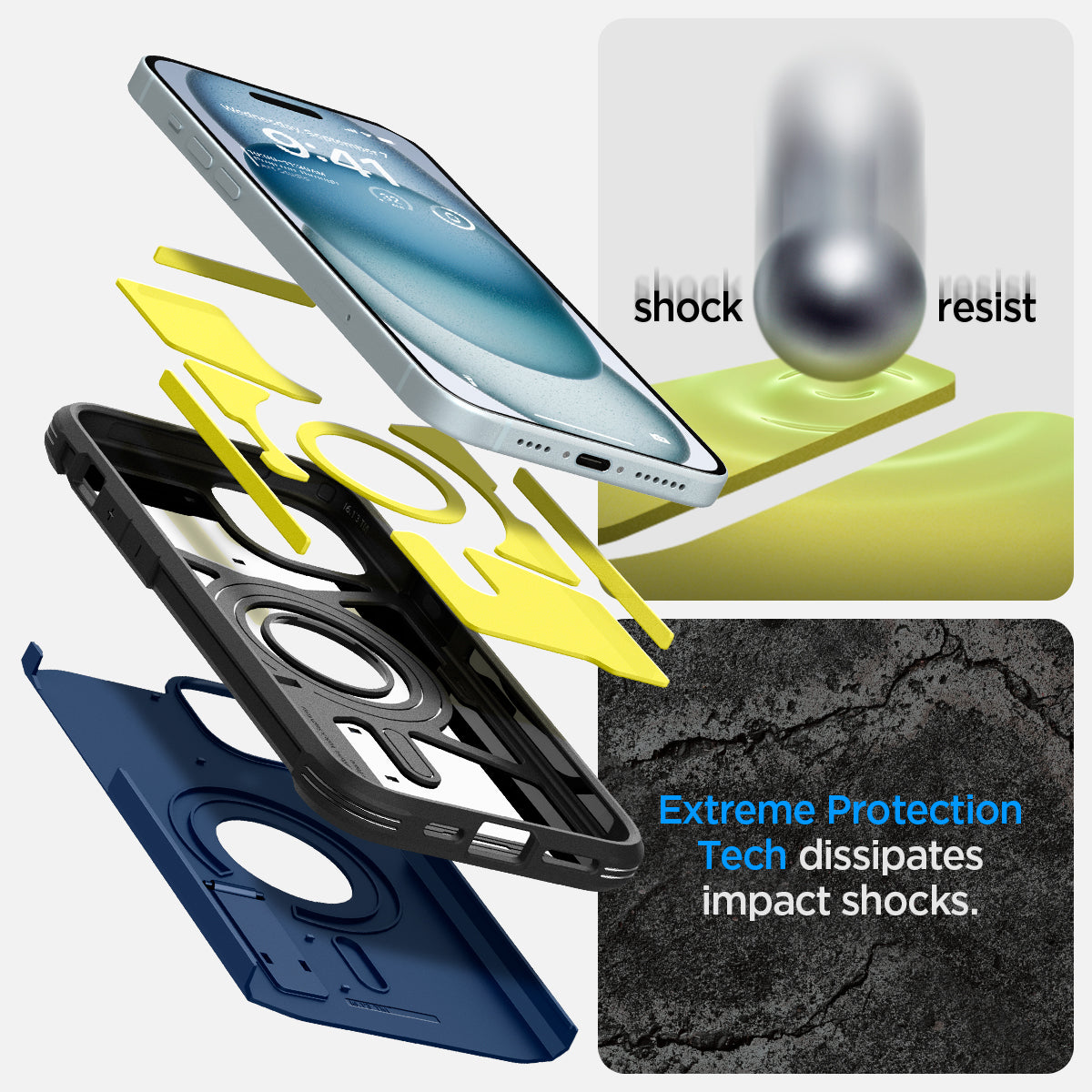 ACS06670 - iPhone 15 Plus Case Tough Armor (MagFit) in navy blue shock resist. extreme protection tech dissipates impact shocks.