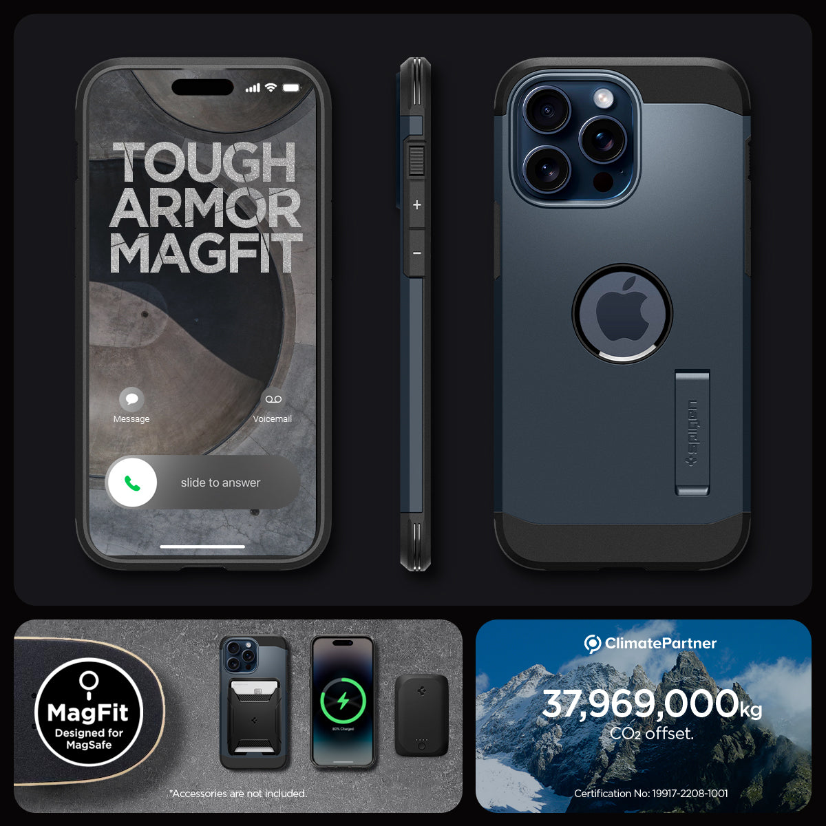 ACS06734 - iPhone 15 Pro Case Tough Armor (MagFit) in metal slate tough armor magfit. designed for magsafe. 37,969,000kg CO2 offset.