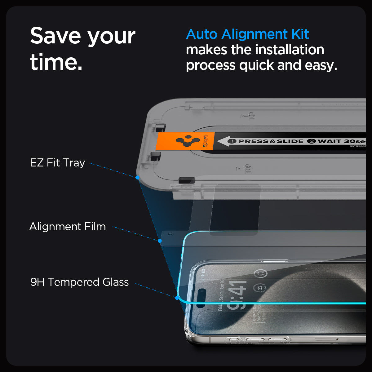 ACS06862 - iPhone 15 Pro Case Ultra Hybrid (MagFit) Pack save your time. auto alignment kit makes the installation process quick and easy. EZ Fit tray, Alignment film, 9H tempered glass.