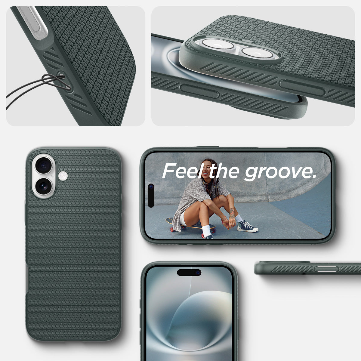 ACS08068 - iPhone 16 Plus Case Liquid Air in Abyss Green showing the different angles