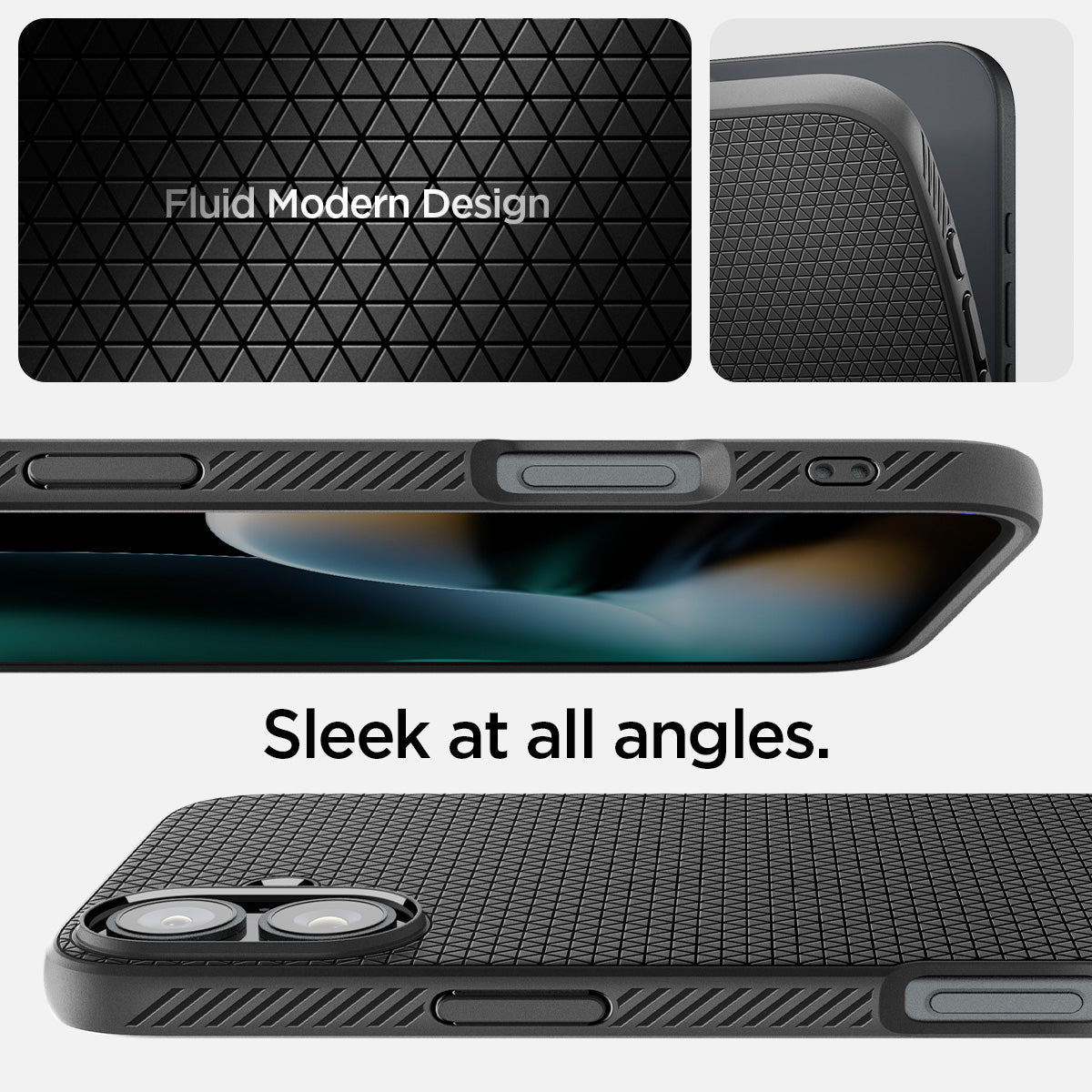 ACS08194 - iPhone 16 Case Liquid Air in Matte Black showing the fluid modern design. Sleek at all angles