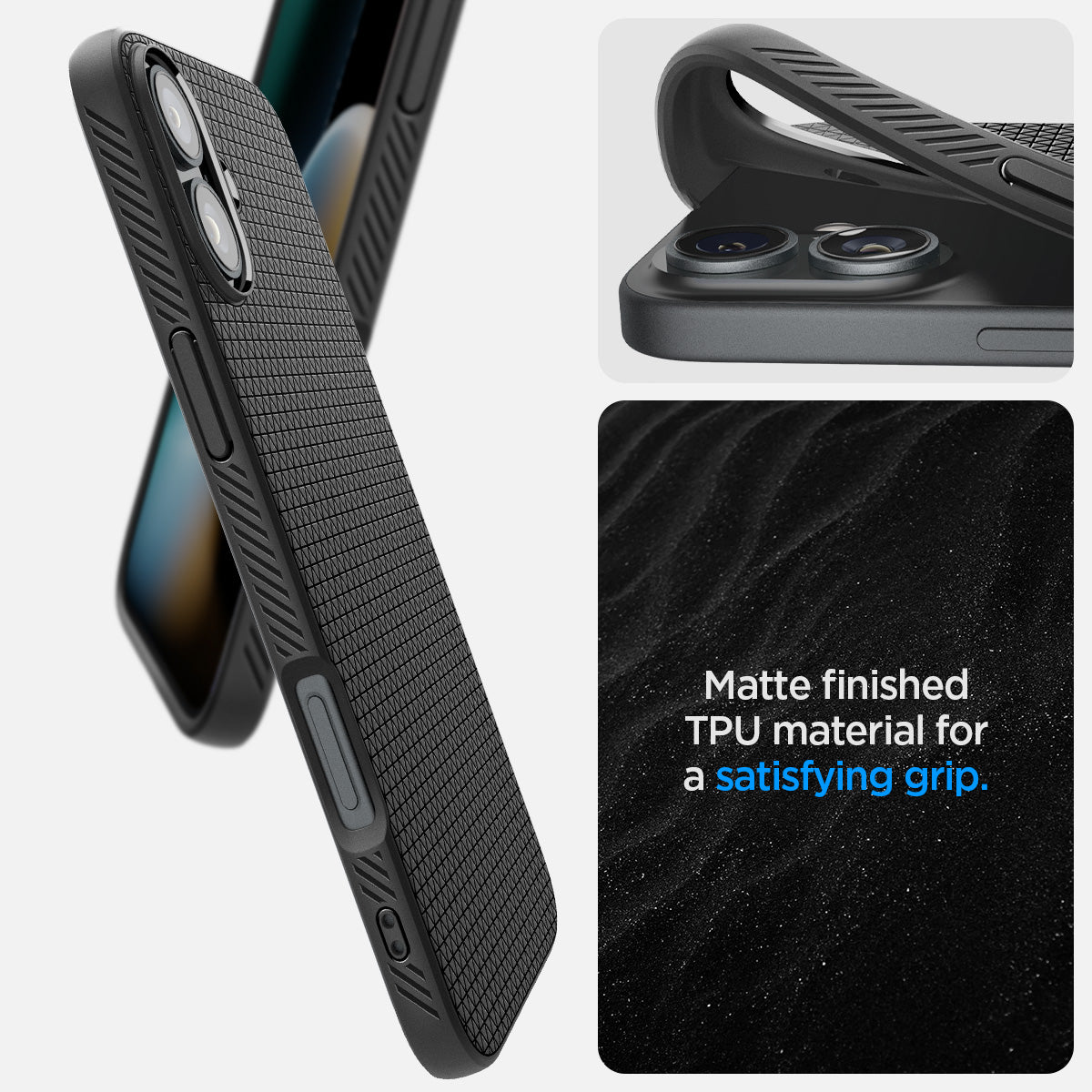 ACS08194 - iPhone 16 Case Liquid Air in Matte Black showing the matte finished TPU material or a satisfying grip