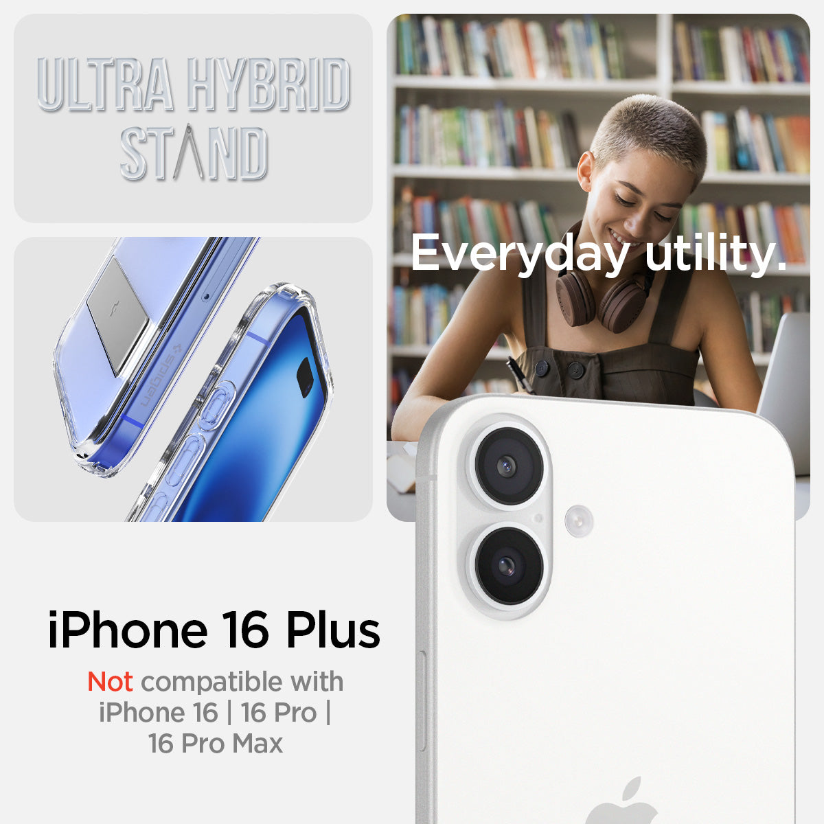 ACS08082 - iPhone 16 Plus Case Ultra Hybrid S (MagFit) in Crystal Clear ultra hybrid stand. iPhone 16 Plus. Not compatible with iPhone 16, 16pro, 16pro max. Everyday utility.