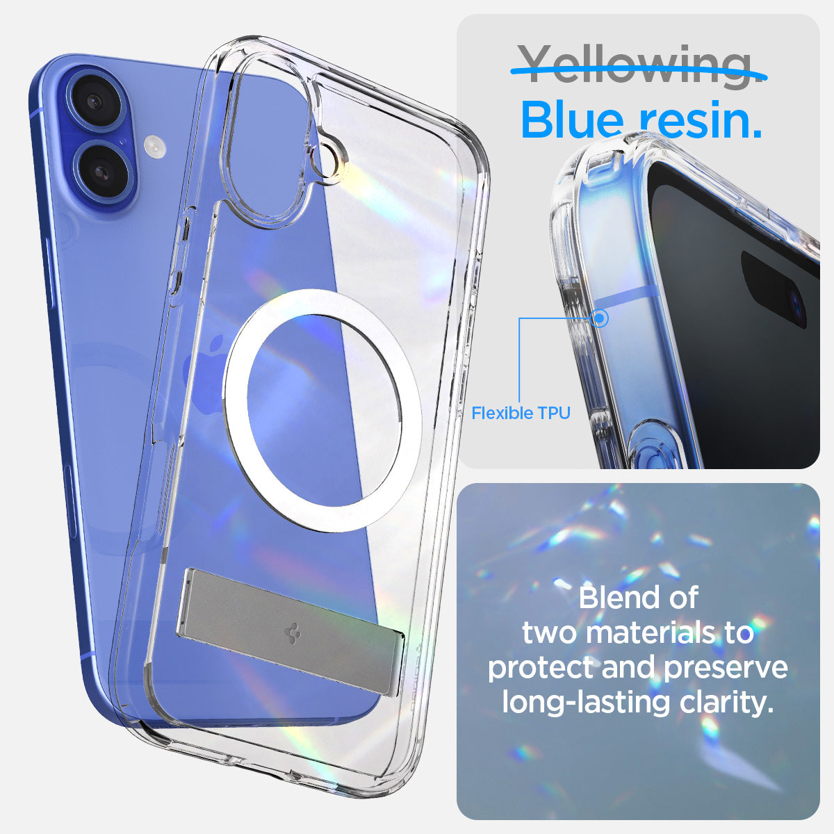 ACS08082 - iPhone 16 Plus Case Ultra Hybrid S (MagFit) in Crystal Clear blue resin. blend of two materials to protect and preserve long lasting clarity.
