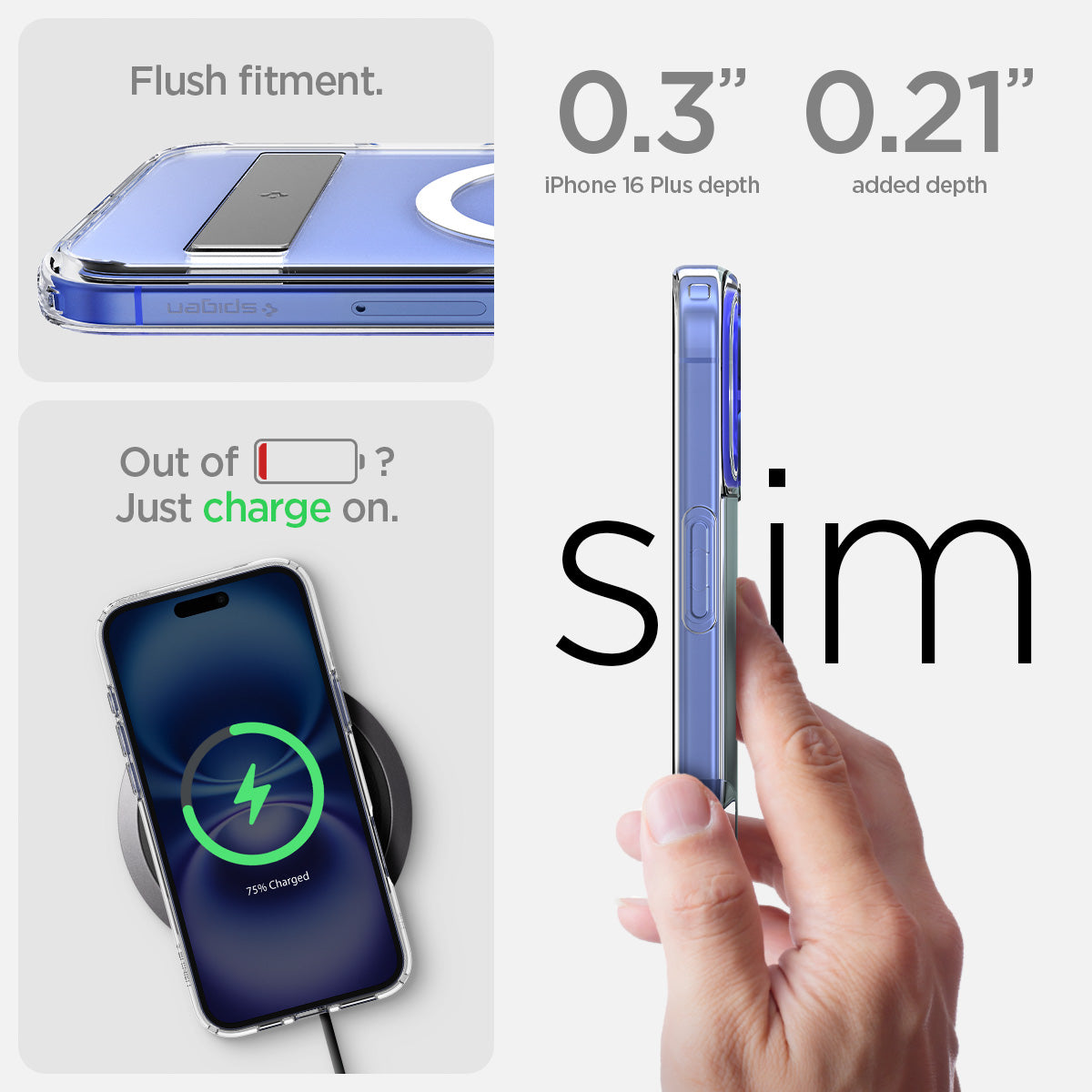ACS08082 - iPhone 16 Plus Case Ultra Hybrid S (MagFit) in Crystal Clear flush fitment. Out of battery? Just charge on.