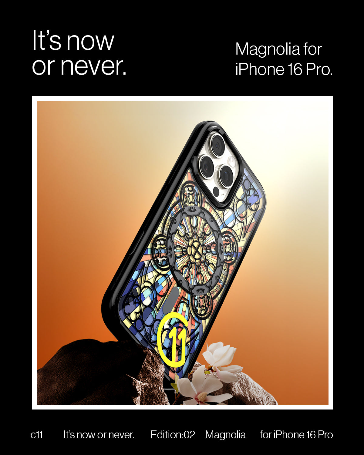 ACS09228 - iPhone 16 Pro Case c11 Series Magnolia Edition (MagFit + Camera Control) it's now or never magnolia for iPhone 16 Pro.