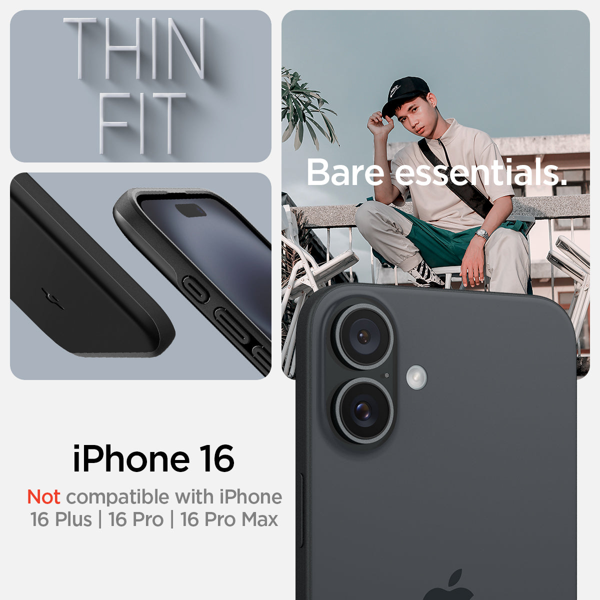 ACS08186 - iPhone 16 Case Thin Fit (MagFit) in Black iPhone 16 plus. Not compatible with iPhone 16, 26 pro, 16 pro max. bare essentials.