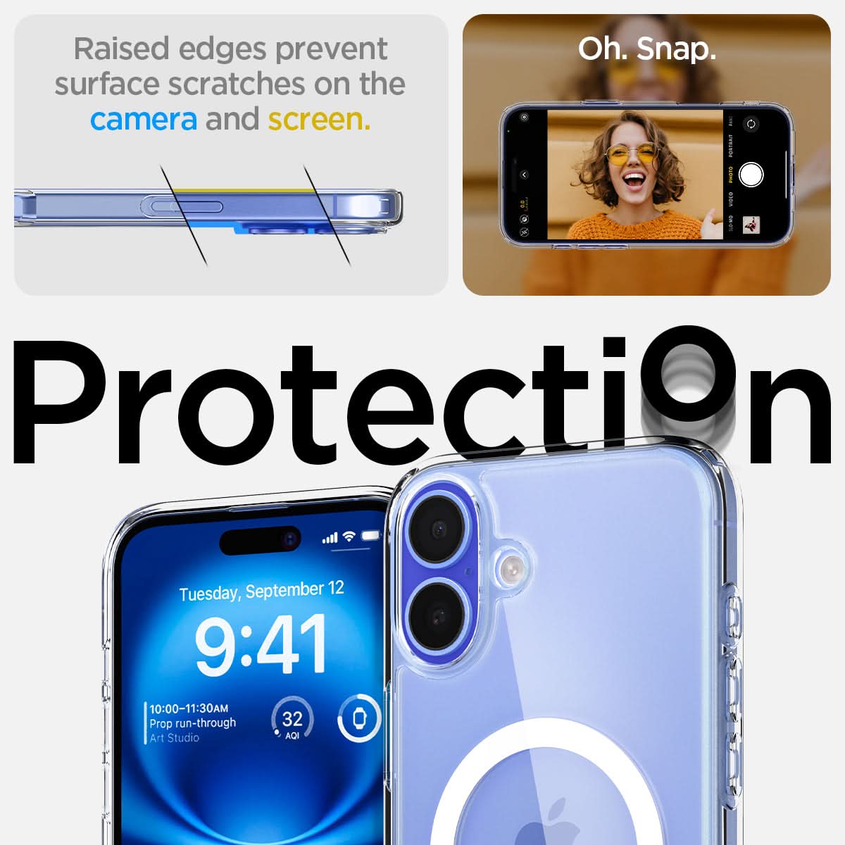 ACS08205 - iPhone 16 Case Ultra Hybrid (MagFit) in White raised edges prevent surface scratches on the camera and screen. Oh snap. Protection.