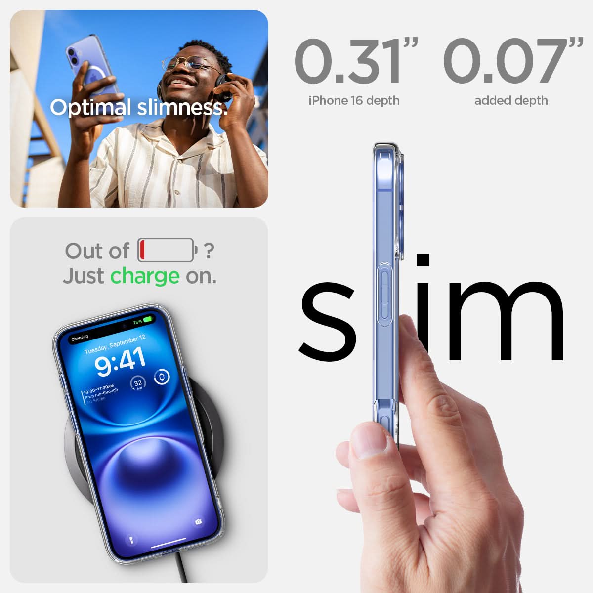 ACS08205 - iPhone 16 Case Ultra Hybrid (MagFit) in White optimal slimness. Out of battery? Just charge on. 0.31" and 0.07" slim.